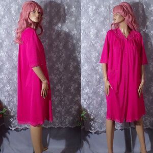 Vintage 60s Pink Robe 1960s Hot Pink Nylon Floral Pinup Retro Size Small S/M